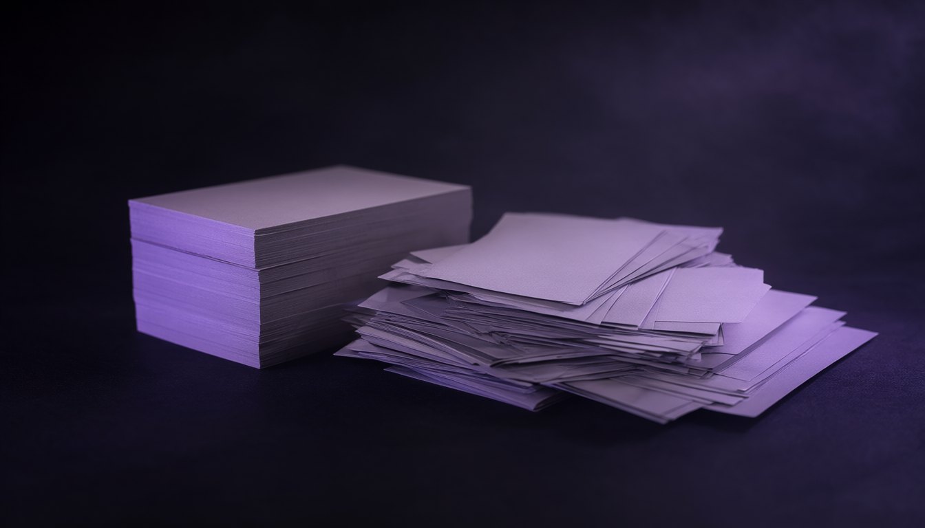 Two stacks of business cards on a dark desk: a verified list next to a scraped one